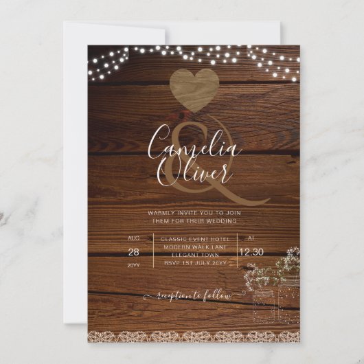 Invitation Rustic Mason Jars Lumières Dentelle Gypsophilie MA (Devant)