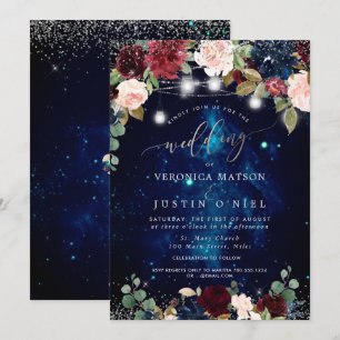 Invitation Rustic Mason Jars Minuit Ciel Bourgogne Fleurs