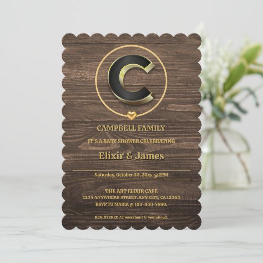 Invitation Rustic Met Gold Heart Monogramme Famille Baby show (Debout devant)
