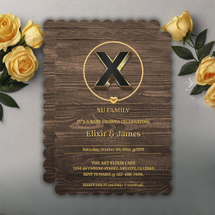 Invitation Rustic Met Gold Heart Monogramme Famille Baby show