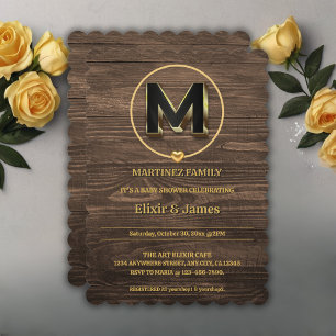 Invitation Rustic Met Gold Heart Monogramme Famille Baby show