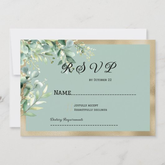 Invitation Rustic mint gold eucalyptus olive leaves RSVP (Devant)