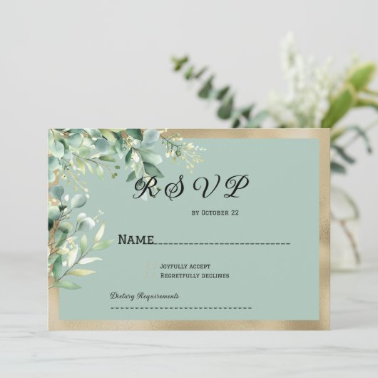 Invitation Rustic mint gold eucalyptus olive leaves RSVP (Debout devant)