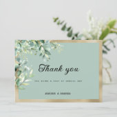 Invitation Rustic mint gold eucalyptus olive leaves Thank You (Debout devant)