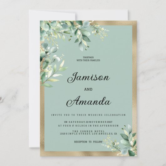 Invitation Rustic mint gold eucalyptus olive leaves Wedding (Devant)