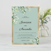 Invitation Rustic mint gold eucalyptus olive leaves Wedding (Debout devant)