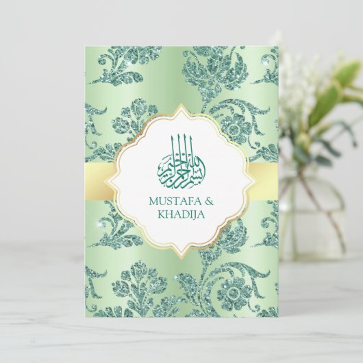 Invitation Rustic Mint Green Parties scintillant Filigree Mar (Debout devant)