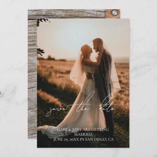 Invitation Rustic Modern Script Mariage Photo Enregistrer la  (Devant / Derrière)