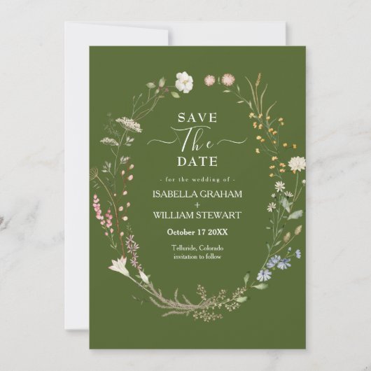 Invitation Rustic Moss Green Boho Fleur sauvage Enregistrer l (Devant)