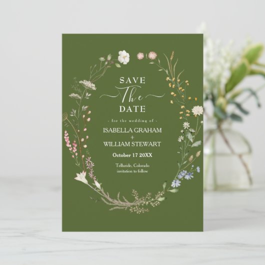 Invitation Rustic Moss Green Boho Fleur sauvage Enregistrer l (Debout devant)