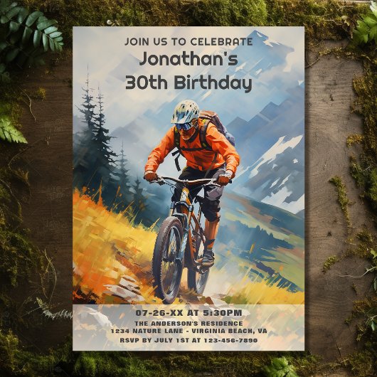 Invitation Rustic Mountain Bike Aquarelle Anniversaire