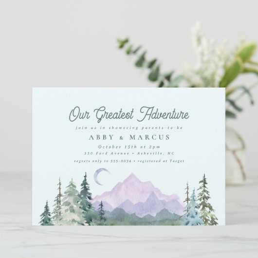 Invitation Rustic Mountain Forest Adventure Baby shower vert (Debout devant)