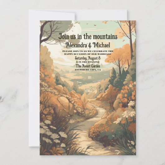 Invitation Rustic Mountain Forest Code QR Mariage À feuillage (Devant)