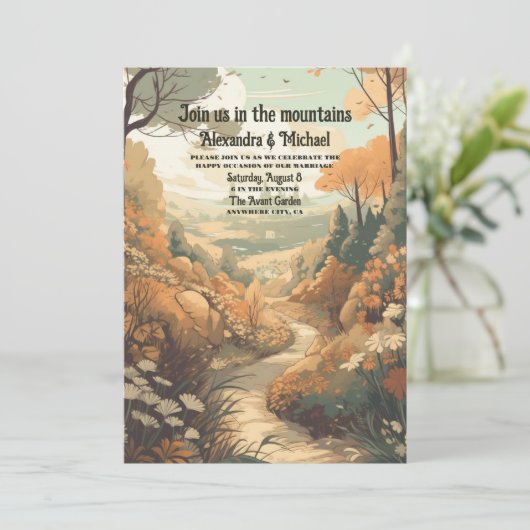 Invitation Rustic Mountain Forest Code QR Mariage À feuillage (Debout devant)