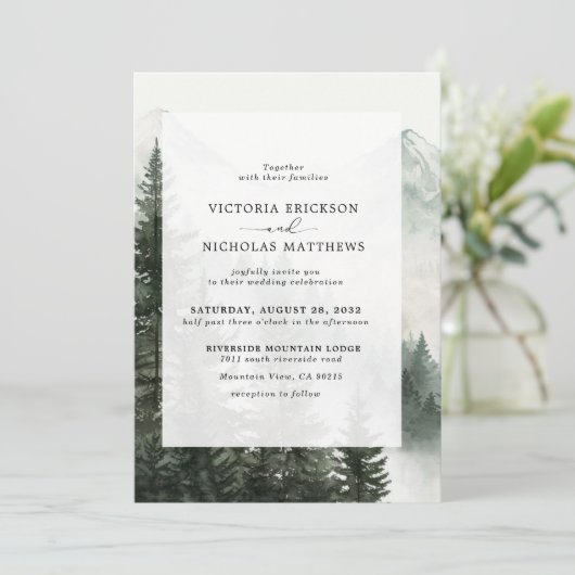 Invitation Rustic Mountain Forest Evergreen Tree Wedding (Debout devant)