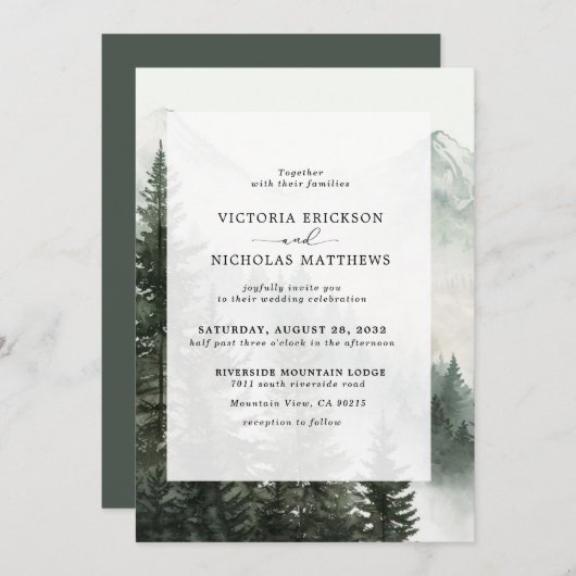 Invitation Rustic Mountain Forest Evergreen Tree Wedding (Devant / Derrière)