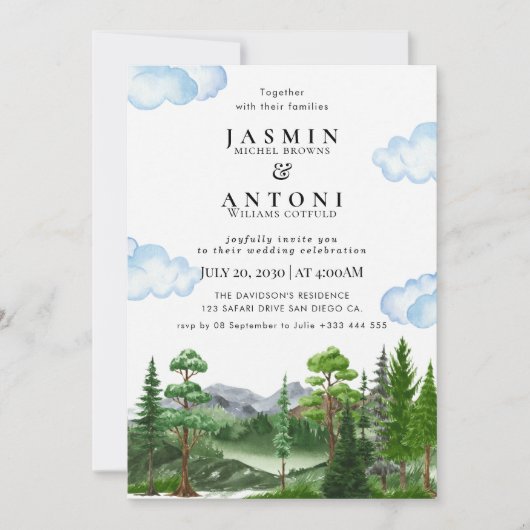 Invitation Rustic Mountain Forest Evergreen Tree Wedding (Devant)