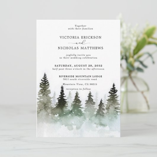 Invitation Rustic Mountain Forest Evergreen Tree Wedding (Debout devant)