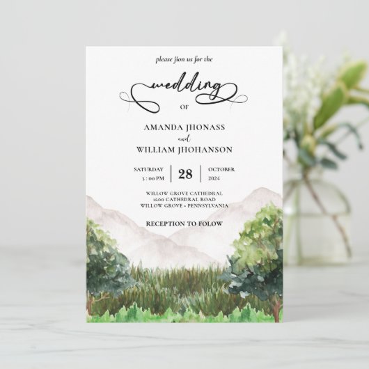 Invitation Rustic Mountain Forest Evergreen Tree Wedding (Debout devant)