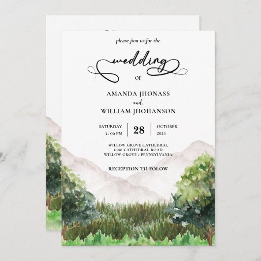 Invitation Rustic Mountain Forest Evergreen Tree Wedding (Devant / Derrière)