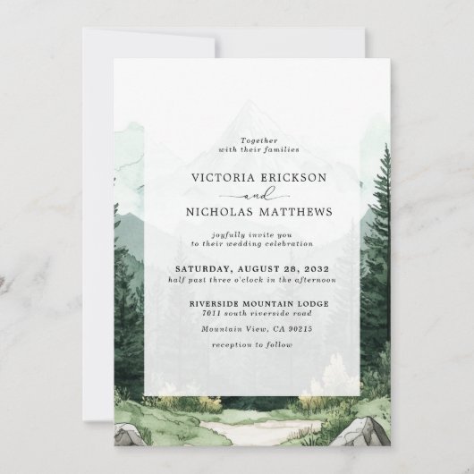 Invitation Rustic Mountain Forest Evergreen Tree Wedding (Devant)