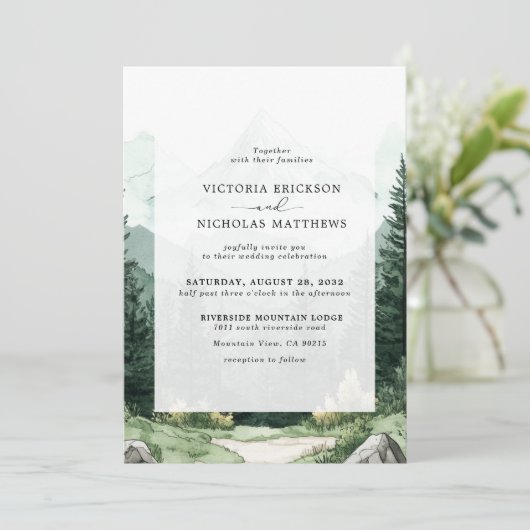 Invitation Rustic Mountain Forest Evergreen Tree Wedding (Debout devant)