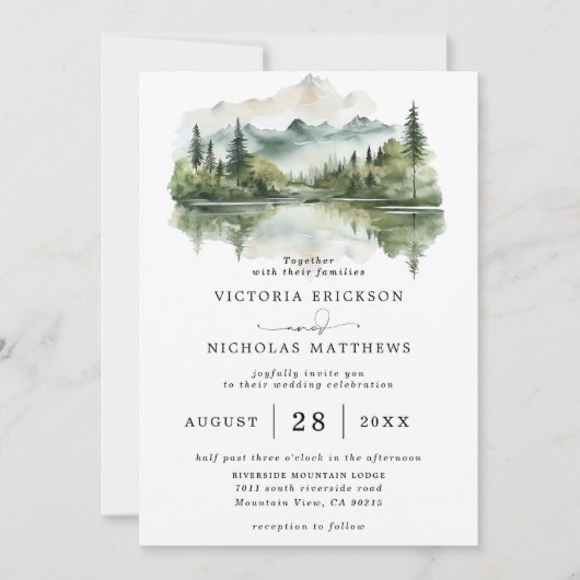 Invitation Rustic Mountain Forest Lake Budget QR Code Wedding (Devant)