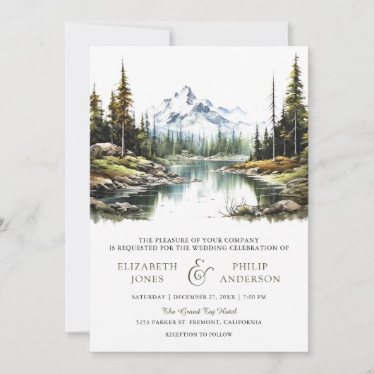 Invitation Rustic Mountain Forest Lake Code QR Mariage (Devant)