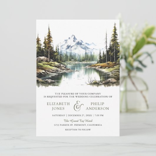 Invitation Rustic Mountain Forest Lake Code QR Mariage (Debout devant)