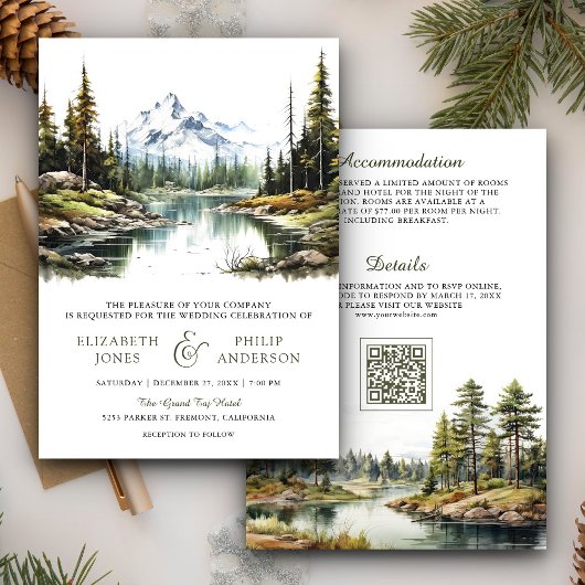 Invitation Rustic Mountain Forest Lake Code QR Mariage