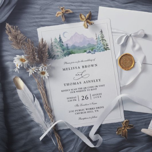 Invitation Rustic Mountain Forest Landscape QR Code Wedding