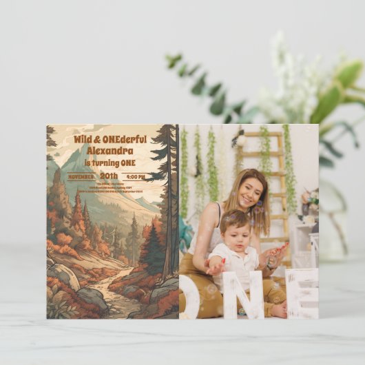 Invitation Rustic Mountain Forest Photo 1er anniversaire (Debout devant)