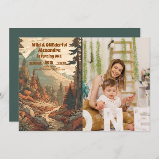 Invitation Rustic Mountain Forest Photo 1er anniversaire (Devant / Derrière)