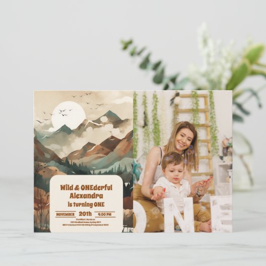Invitation Rustic Mountain Forest Photo 1er anniversaire (Debout devant)