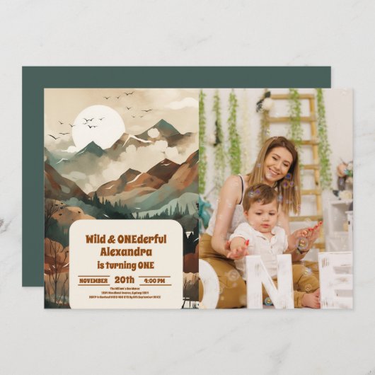 Invitation Rustic Mountain Forest Photo 1er anniversaire (Devant / Derrière)