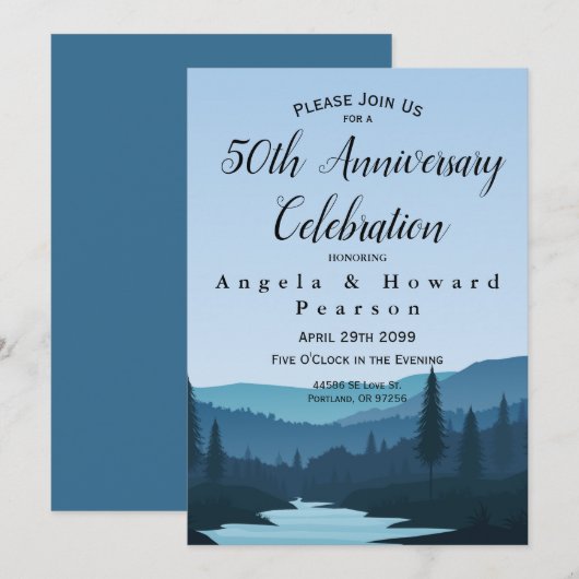 Invitation Rustic Mountain Forest Stream 50e anniversaire (Devant / Derrière)