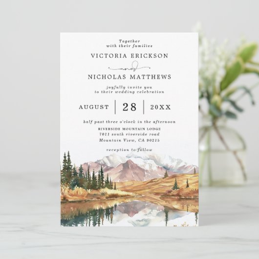 Invitation Rustic Mountain Forest Tree Budget QR Code Wedding (Debout devant)