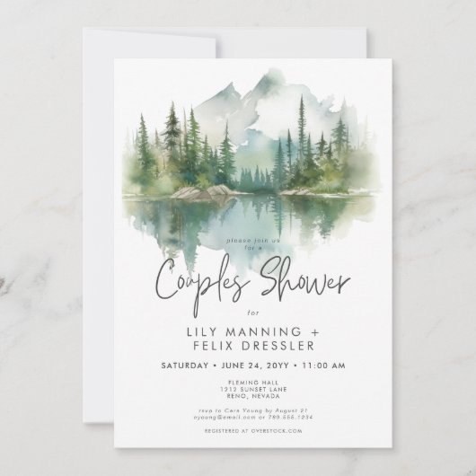 Invitation Rustic Mountain Lake Aquarelle Couples Douche (Devant)