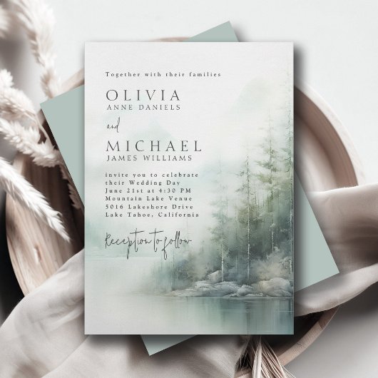Invitation Rustic Mountain Lake Misty Pines Modern Wedding