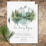 Invitation Rustic Mountain Lake Scene Mariage d'aquarelle<br><div class="desc">Echappez-vous à une retraite sereine en montagne avec votre faire-part de mariage. Ce design exquis présente un tableau d'aquarelle époustouflant d'une montagne majestueuse, ses pentes drapées de pins luxuriants, reflétant leur beauté dans les eaux cristallines en contrebas. Les tons naturels doux du bronzage, du vert, du blues turquoise et du...</div>