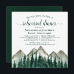 Invitation Rustic Mountain & Pine Mariage Répétition & Dîner<br><div class="desc">Cette belle invitation à dîner de répétition mariage présente un design rustique avec un paysage aquarelle de pics de montagne avec des pins au premier plan. L'élégant titre de calligraphie de script vert de la forêt donne classe et style. Inclut des informations sur la répétition et le dîner. Une façon...</div>