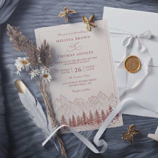 Invitation Rustic Mountain Pine Terracotta QR Code Wedding