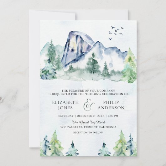 Invitation Rustic Mountain Pine Trees Forêt QR Code Mariage (Devant)