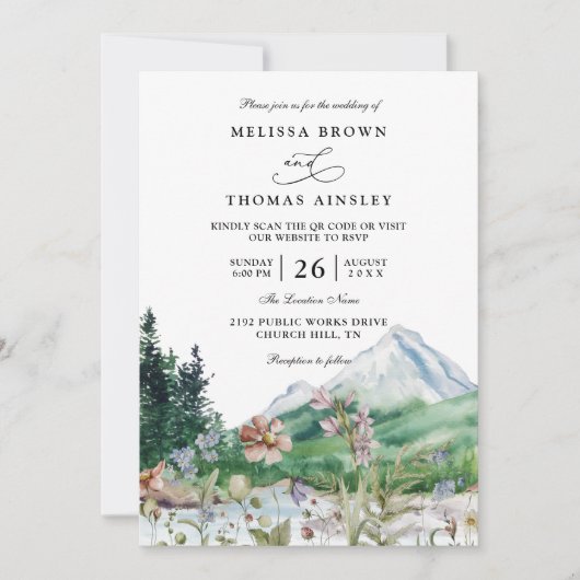 Invitation Rustic Mountain Wildflower Boho QR code Wedding (Devant)