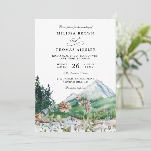 Invitation Rustic Mountain Wildflower Boho QR code Wedding (Debout devant)