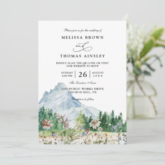 Invitation Rustic Mountain Wildflower Boho QR Code Wedding (Debout devant)