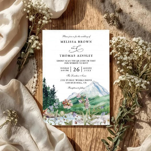 Invitation Rustic Mountain Wildflower Boho QR code Wedding