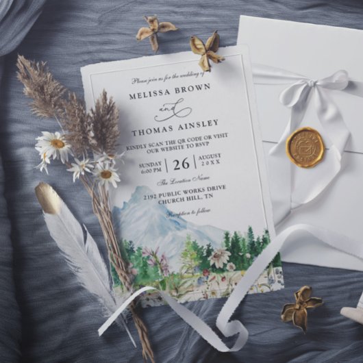 Invitation Rustic Mountain Wildflower Boho QR Code Wedding