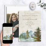 Invitation Rustic Mountains Forest Watercolor Mariage photo<br><div class="desc">Ce faire-part de mariage rustique de forêt de montagne présente une belle aquarelle d'un lac bordé d'arbres avec des montagnes enneigées derrière,  sur un arrière - plan d'écorce de bouleau. L'arrière de l'invitation présente votre photo fiançailles préférée,  pour compléter le look. Copyright Invitations élégants,  tous droits réservés.</div>