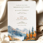 Invitation Rustic Mountains Lake Automne Mariage d'hiver<br><div class="desc">Invitation vos invités à un mariage avec une vue qui va prendre leur souffle avec notre Faire-part de mariage. Cette invitation magnifiquement artisanale présente une vue aquarelle de montagnes majestueuses et d'un lac paisible, entouré d'une forêt en flammes aux couleurs automnales. La palette est un mélange harmonieux d'oranges et de...</div>